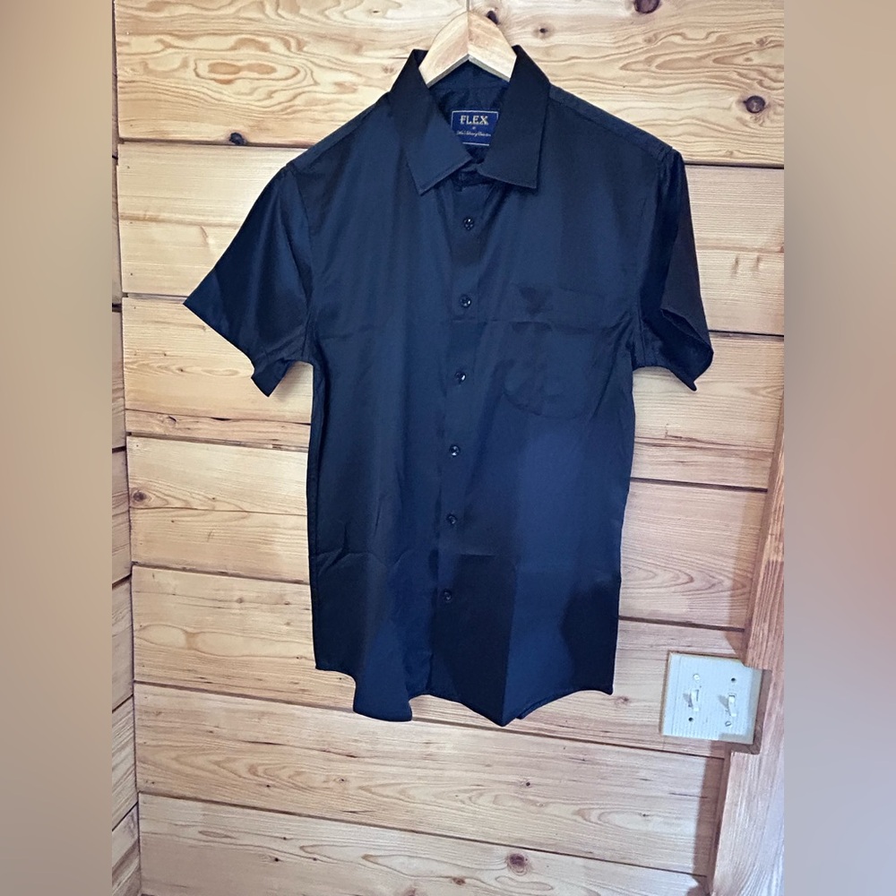 FLEX Men’s‎ Small Black Satin Short Sleeve Button Up Dress Shirt Small Italy Emo